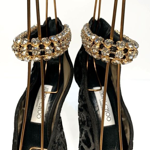 Jimmy Choo Leopard Velvet Lux 100 Vamp Heel Crystal Embellished Strap EU 38.5 - Picture 4 of 12